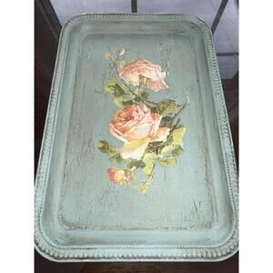 Vintage Inspired painted blue Floral Serving Tray; distressed